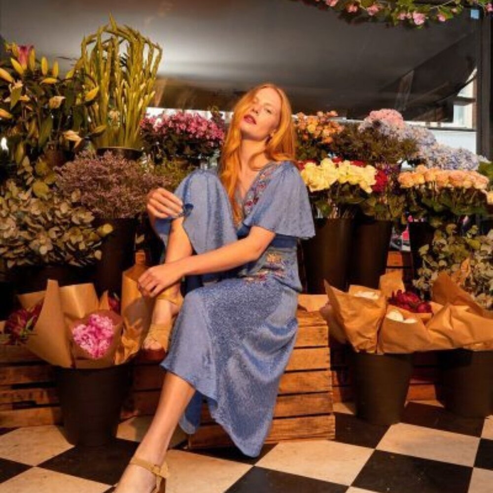 Monsoon US Sz 6 - Elizabeth Embroidered Jacquard Blue Wrap Dress